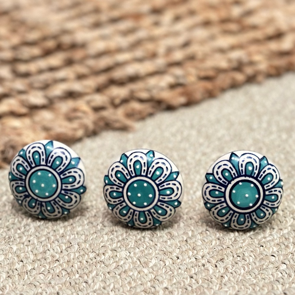 Vintage Ceramic Novelty Knobs, Navy White & Teal Paisley handcrafted💫🦋
